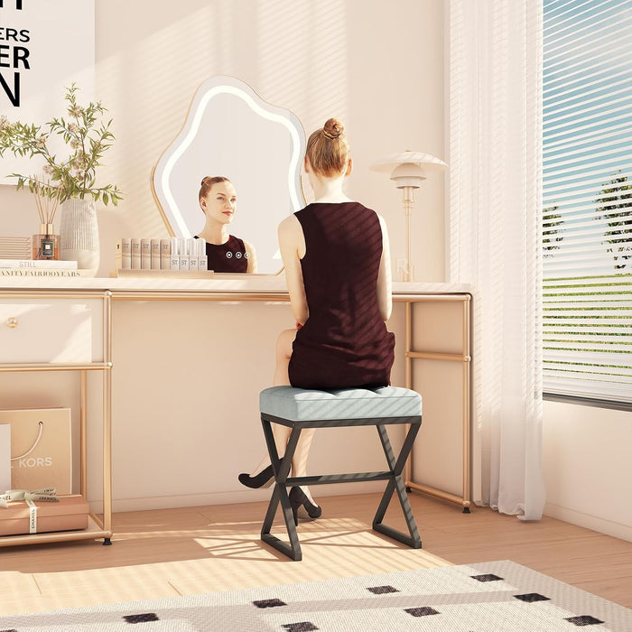 Vanity Stool, Linen Footrest Stool, Ottoman Bench with X-Shaped Metal Legs, Makeup Dressing Stool for Vanity, Living Room, Bedroom, Entryway, Hallways 15.74"D×11.81"W×18.11"H Blue Gray UHBD033L