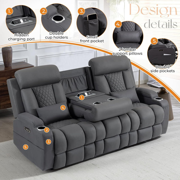 with Adjustable Headrest, Zero Wall Hugger Reclining Couch RV Loveseat Recliner Sofa with Charge Device &Drop down Table (Dark Gray, Sofa)