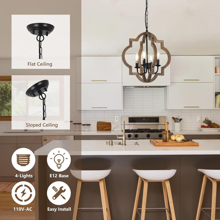 Wood Chandelier Farmhouse FourLight Rustic Brown 15In