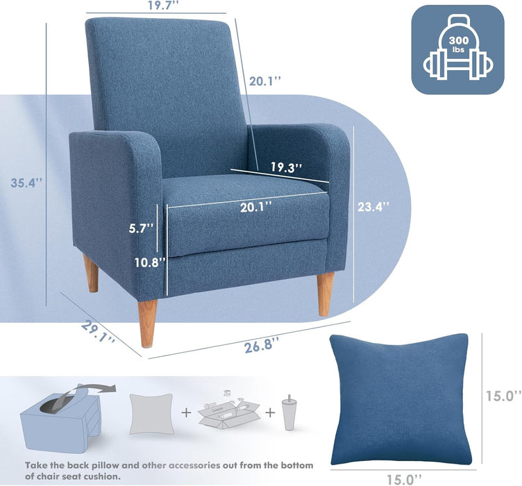 Modern Upholstered Accent Chair Armchair with Pillow, Fabric Reading Living Room Side Chair,Single Sofa with Lounge Seat and Wood Legs, Blue