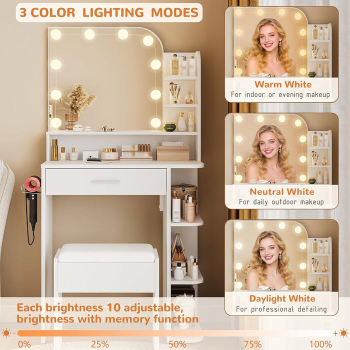 Makeup Vanity with Chair, Small Vanity Desk with Mirror and Lights 3 Colors, Girls Vanity Set with Power Outlet, Compact Vanity Table for Small Space, White