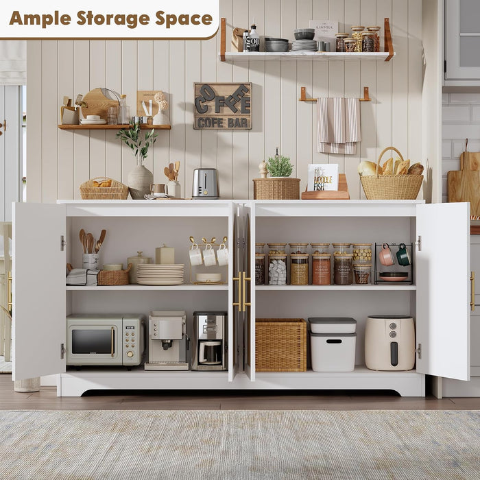 59" Rattan Sideboard Buffet Cabinet - Large Storage Cabinet with 4 Doors, Modern Console Table Accent Coffee Bar Cabinet for Living Room, Kitchen, Hallway, Dining Room, White