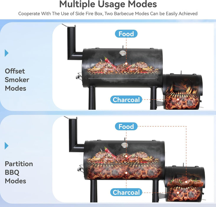 Offset Smoker Charcoal Grills with 28 Inch Cook Chamber, Barrel Smoker and Charcoal Grill Combo, 512 Sq. In. Space Barrel Smoker Grill for Outdoor BBQ Patio Backyard Cooking