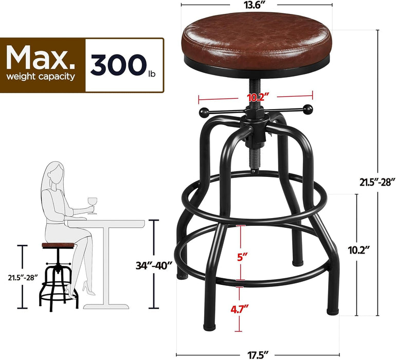 Industrial Bar Stool Vintage Counter Height Stool with round Faux Leather Seat Metal Stool Adjustable Kitchen Stool 21.5-28 Inch Tall Brown, 1PCS