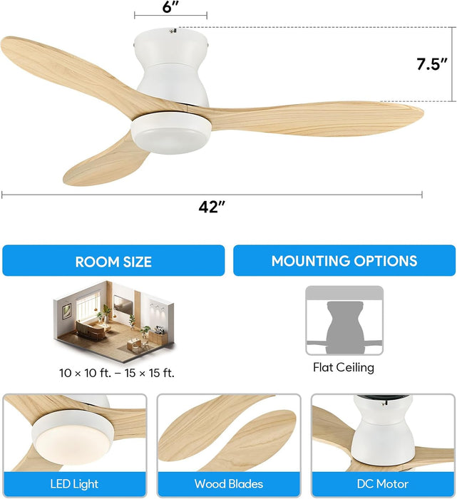 Wood Solid-Wood 42-Inch White Ceiling Fan RemoteControl