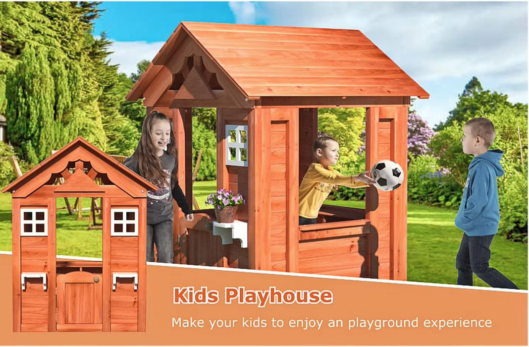 Outdoor Playhouse, Wooden Kids Playhouse for Kids 3-8, Kids Outdoor Playhouse with Front Door, Windows, Flowerpot Holder & Side