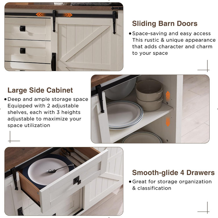 60" Wide Farmhouse Sideboard Buffet Cabinet, Antique White | 31.2" Tall Kitchen Cabinet with Storage, 2 Sliding Barn Doors, 4 Drawers, Rustic Wood, Coffee Bar Table, Dining Room