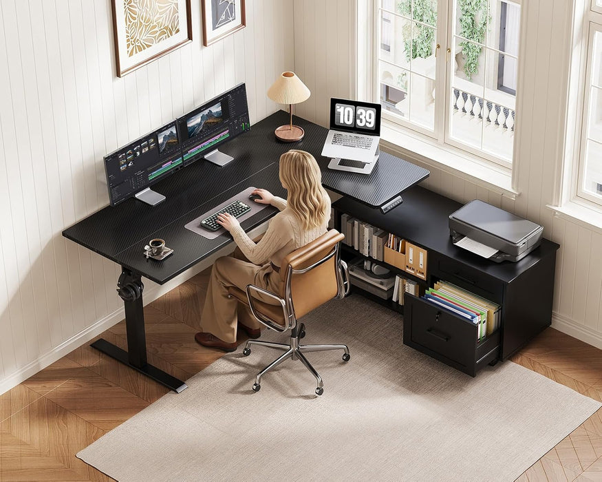 55" L Shaped Standing Desk with Cabinet Sets, Carbon Fiber Black