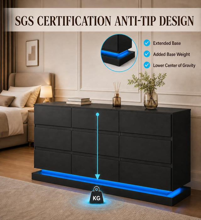 9 Drawer Dresser with LED Light, Dresser with Charging Station