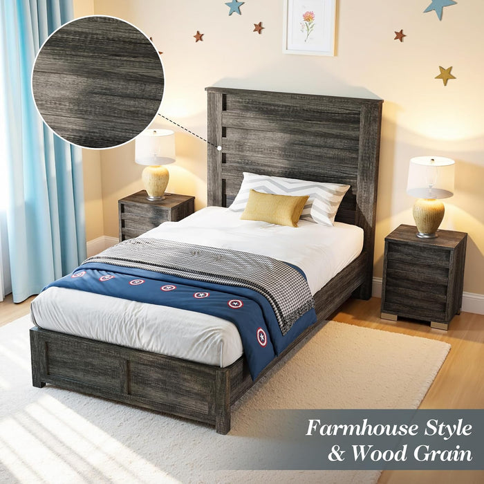 Farmhouse Twin Platform Bed with 49" Fluted Headboard, Wood Bed Frame with Natural Grain Finish, No Box Spring Needed, Noise-Free, Rustic Grey