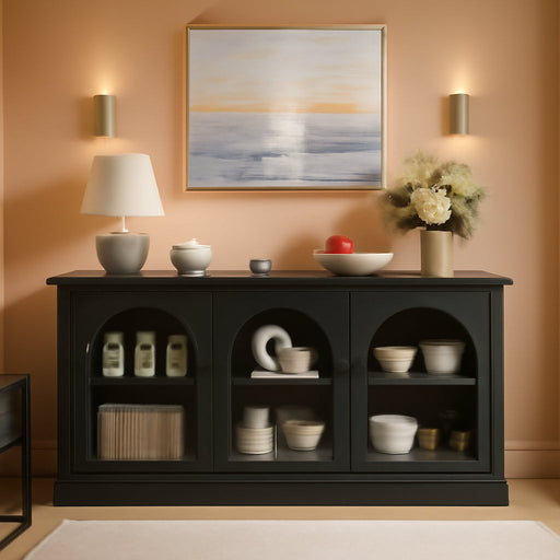 63 Inch Sideboard Buffet Cabinet with Glass Doors, Credenzas Cabinet, Black | 4 Doors, Arched, Large, Adjustable Shelves, Modern Style, for Living Room, Kitchen, Entryway