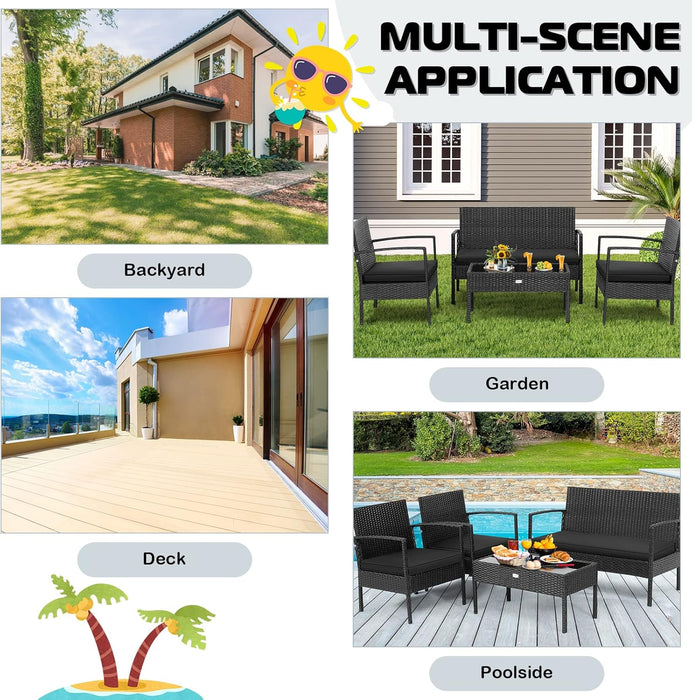 4 Piece Patio Rattan Conversation Set, Outdoor Wicker Furniture Set W/Glass Coffee Table, Solid Steel Structure, Ergonomic Seat, Suitable for Garden, Courtyard, Balcony, Poolside