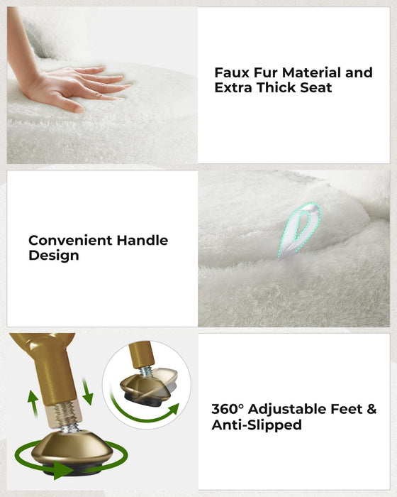 Vanity Stool Chair with Storage and Folding Back, 15.7" X 15.7" X 19.5" Faux Fur Soft Ottoman for Adults, 4 Metal Legs with Anti-Slip Feet, Furry Padded Seat for Makeup, Bedroom, White