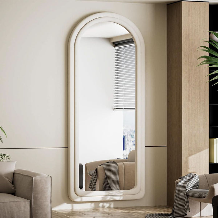 63"X24" Arched Mirror Full Length, Full Body Freely Standing Mirror, Flannel Floor Mirror with Stand for Bedroom, Living Room, Hanging or against the Wall, White