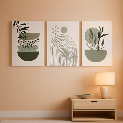 Sage Green Wall Posters & Prints, Green Boho Wall Art Set of 3, Minimalist Framed Wall Art Geometric Line Leaf Sun Moon Beige Green Canvas Artwork Paintings