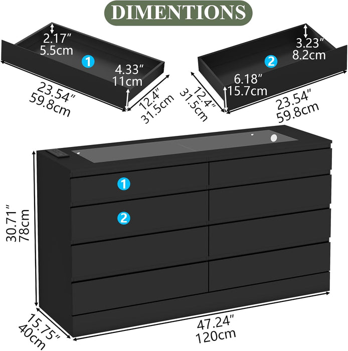 White Eight Drawer Dresser Featuring Electrical Outlet