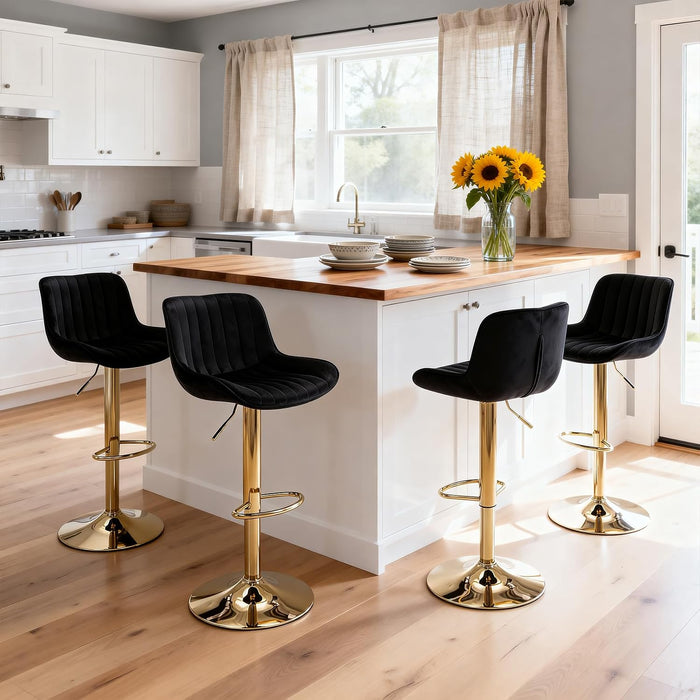 Velvet Bar Stools Set of 4 - Swivel Counter Height Barstools with Back & Adjustable Height, Modern Gold Kitchen Island Stools for Bar, Armless Pub Stools, Soft Black Upholstered Seating