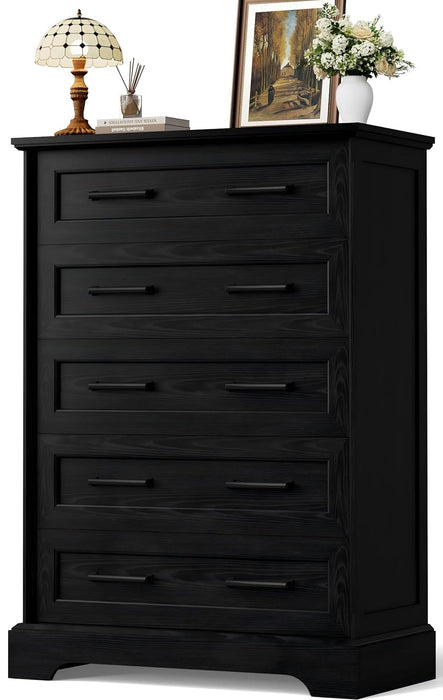 Tall Dresser for Bedroom,Farmhouse 5 Drawers Dresser, Chest of Drawer Chest, Multi-Tier Clothing Storage Cabinet, Black