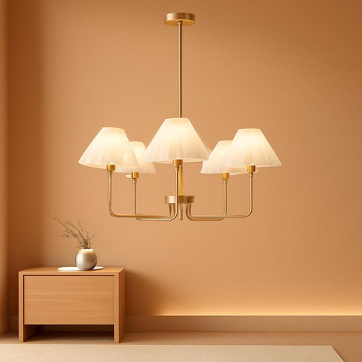 5-Light Gold Chandelier,Mid Century Modern Dining Room Light Fixtures with White Pleated Fabric Shades, Chandeliers Lighting Fixtures for Kitchen Island above Dining Table,Height Adjustable