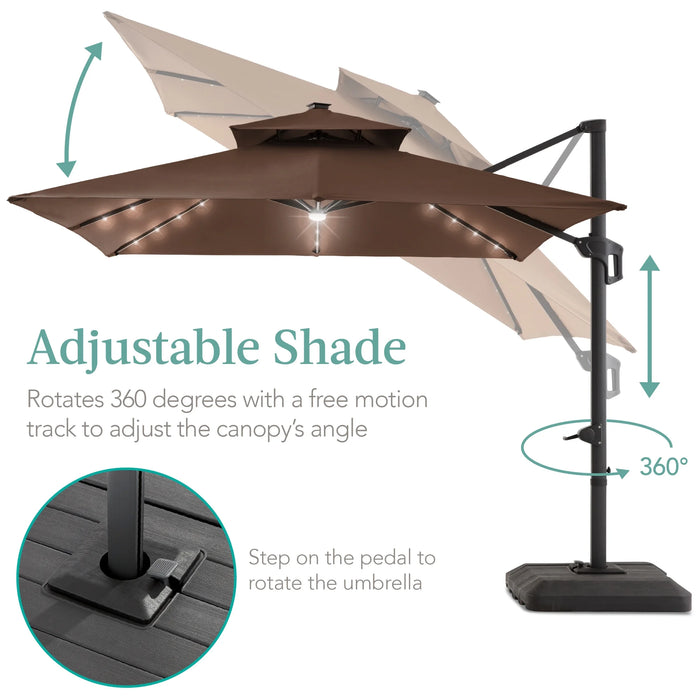 10X10Ft 2-Tier Square Outdoor Solar LED Cantilever Patio Umbrella W/ Base Included - Brown