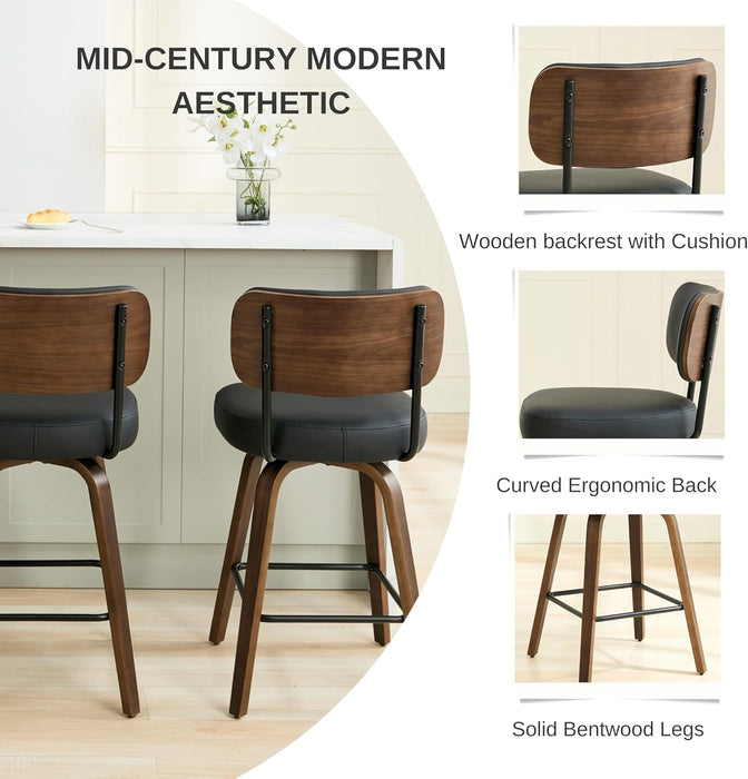 Swivel Bar Stools Set of 4, 26" Upholstered Counter Height Bar Stools with Back and Walnut Wood Legs, Faux Leather Barstools for Kitchen Counter, Black