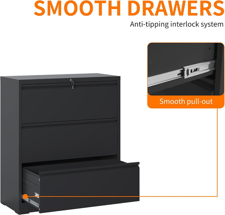 3 Drawer Lateral File Cabinet with Lock,Black Home Office Cabinet