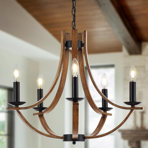 22“ Farmhouse Wooden Chandelier Modern Vintage 5-Lights Candle Style Chandeliers with Wood Finish Metal Industrial Retro Rustic Black Chandelier for Dining Room, Kitchen, Living Room, E12