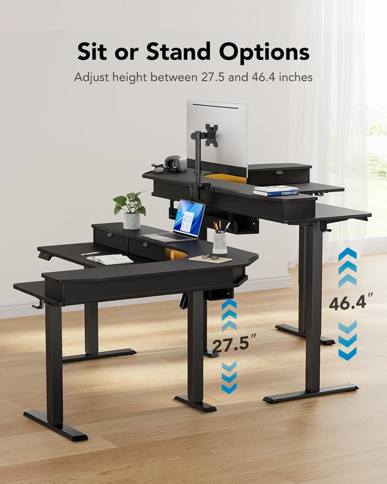 65″ L-Shaped Standing Desk with Power Outlets & LED Strip, Electric Height Adjustable Corner Computer Desk, Sit Stand up Desk with 3 Drawers, Black