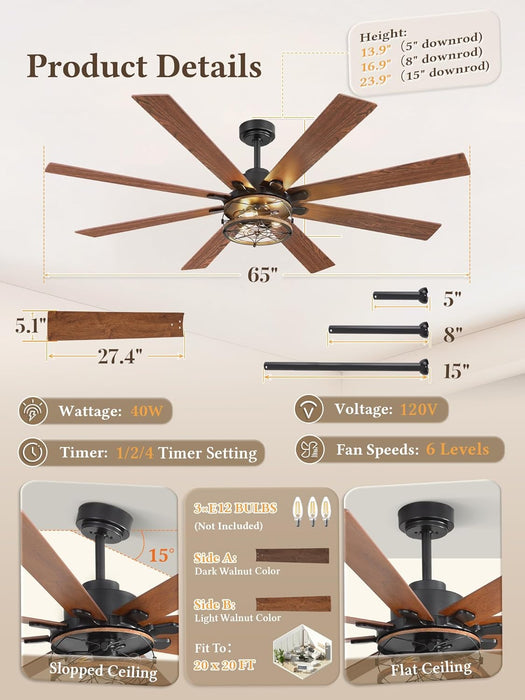 65 Inch Ceiling Fans with Lights, Farmhouse Ceiling Fan with Lights and Remote, Dual Finish 8 Blades Black Caged Rustic Ceiling Fans with 6 Speed Reversible Motor for Indoor/Covered Outdoor
