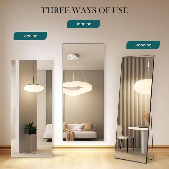 Full Length Mirror 64"X 21" for Bedroom, Full Body Mirror with Stand, Hanging or Leaning for Wall, Aluminum Alloy Thin Frame Floor Standing for Living Room, Long, Black