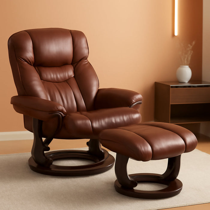 Allie Leathersoft Upholstered Recliner with Footrest, Arms, and Headrest, Padded Swivel Recliner Chair and Ottoman Set, Brown Vintage