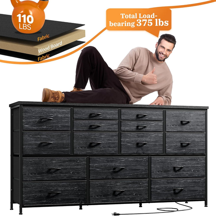 16 Drawer TV Stand Black Dresser 51"W for 60" TV – Long Dresser with 3 Power Outlets & 2 Ports, 374 LBS Load-Bearing Capacity, Space Saving Entertainment Center for Small Bedroom, Dorm, Living Room