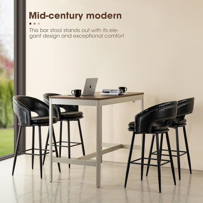 Bar Stools Set of 4, 30" H Upholstered Black Leatherette Barstools with Nailhead Trim, Modern Mid-Century Bar Height Bar Chairs with Metal Tapered Legs for Kitchen Island, Bistro