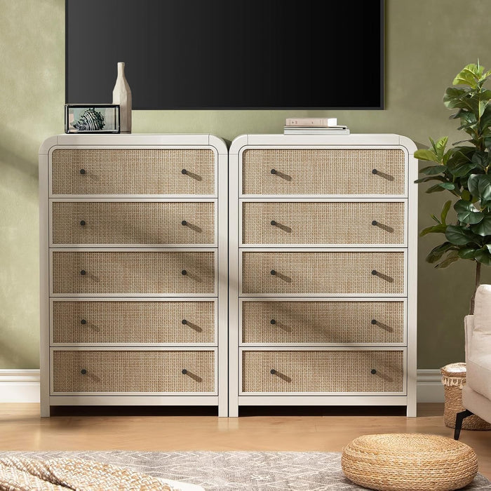 5 Drawer Tall Dresser for Bedroom, 47'' Rattan Dresser with Ample Storage, Boho Chest of Drawers, Thickened Curved Profile Design, Oak Dressers for Bedroom, Living Room