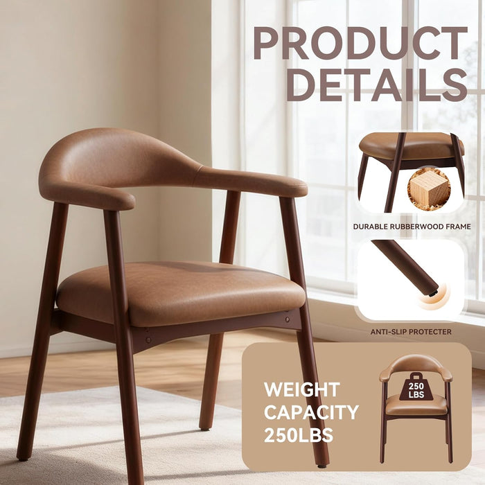 Leather Dining Chair with Armrest Set of 4, Upholstered Dining Room Chair with Curved Back and Wood Legs, Mid Century Modern Kitchen Chairs for Kitchen Dining Room,Brown