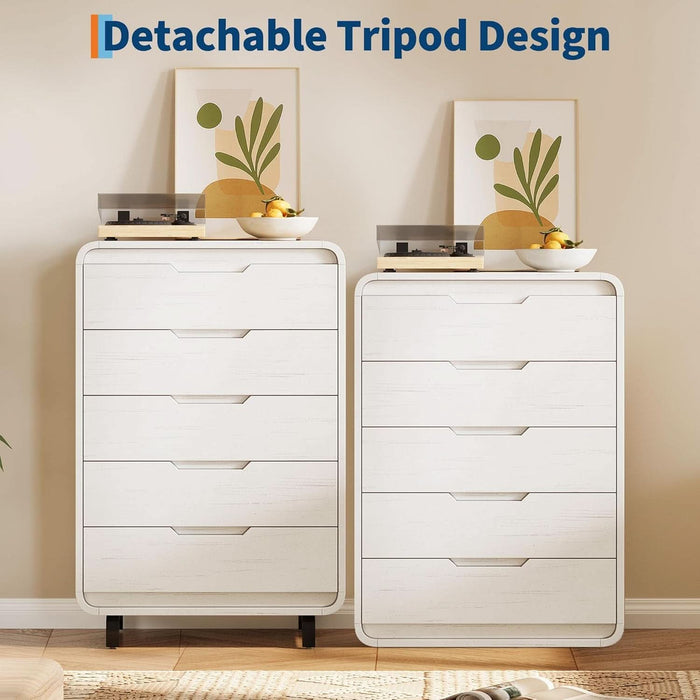 White Five Drawer Tall Wooden Contemporary Dresser