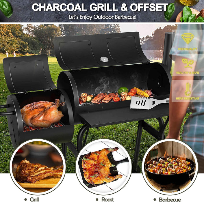 Charcoal Grill with Offset Smoker, Camping Barbecue Grill with Side Fire Box for Outdoor BBQ Smoking/Backyard Party Grilling, Thick Iron Steel & Dual Chamber Design, Thermometer & Chimney