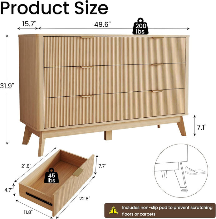 Fluted 6 Drawer Dresser,49.6'' Modern Wooden Dresser with Drawers, Curved Deep Drawer TV Stand, Natural Wood Chest of Drawers for Bedroom,Living Room, Hallway (Oak)