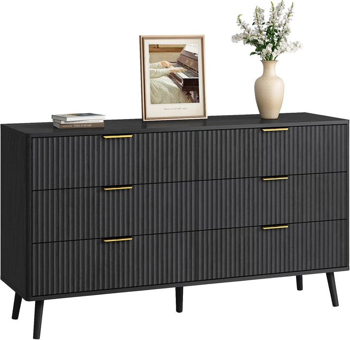 Fluted 6 Double Drawers Dresser for Bedroom, 55”Wide Modern Chest of Drawers with Deep Drawers,Curved Profile Design, Wood Drawer Organizer for Living Room, Hallway, Dark Black