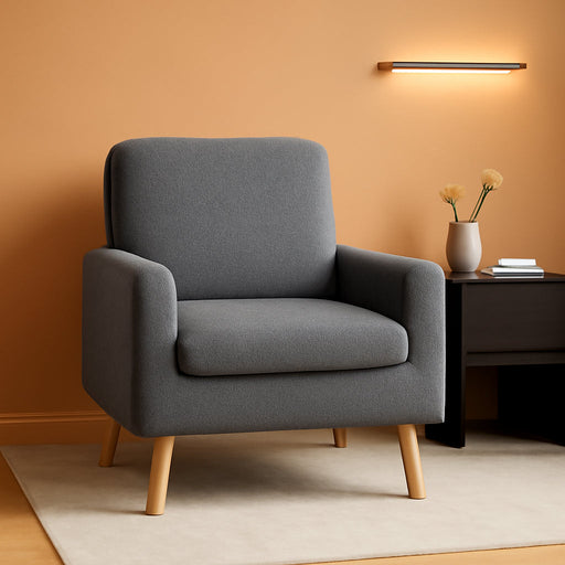 Frida Mid-Century Modern Chair, Durable Wood Frame Accent Chairs for Living Room, Reading Chair with Armrest, Soft Teddy Fleece Accent Chair for Bedroom, Oak Legs Armchair - Gray
