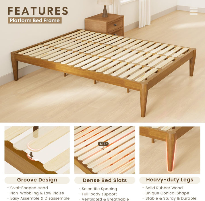 Twin Platform Bed Frame - 16" Wood Mattress Foundation Base, Teak