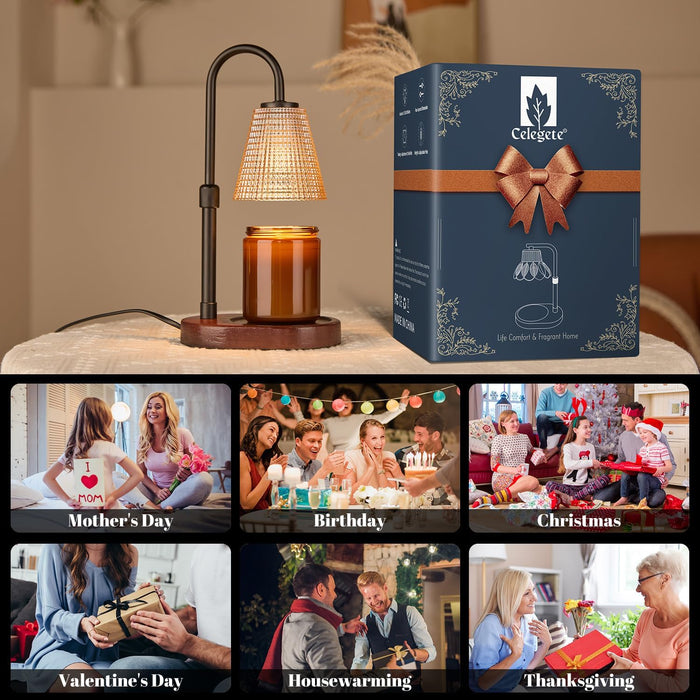 Premium Candle Warmer Lamp with Timer Dimmer-Height Adjustable Wax Melter Suitable for Yankee/Any Jar Candle, Flameless Heater with Wood Base & Amber Glass,New Home Gifts for Women Mom Daughter Friend