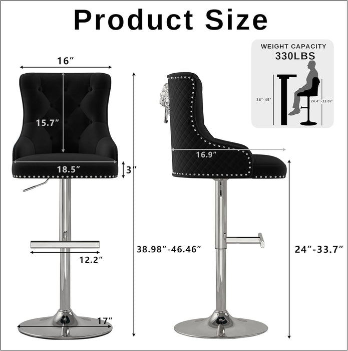 Velvet Bar Stool Set of 4 Lion Pull Ring Swivel Chair for Kitchen Counter Nailhead Upholstered Barstools Height Adjustable Barstools with Chrome Base for Dining Room Kitchen Black