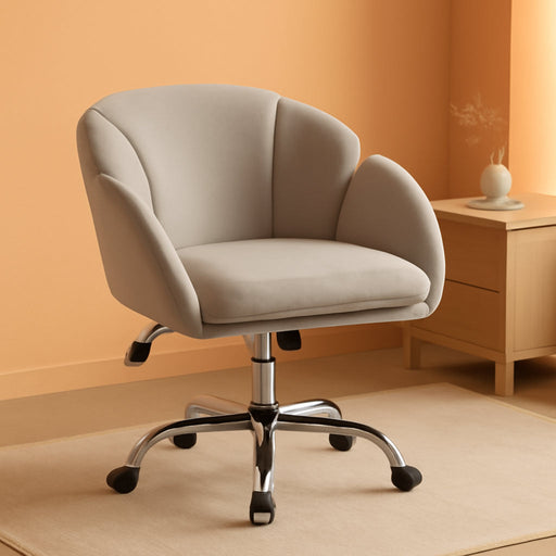Cute Velvet Desk Chair for Home Office, Makeup Vanity Chair with Armrests for Bedroom Modern Swivel Rolling Chair for Women Light Gray