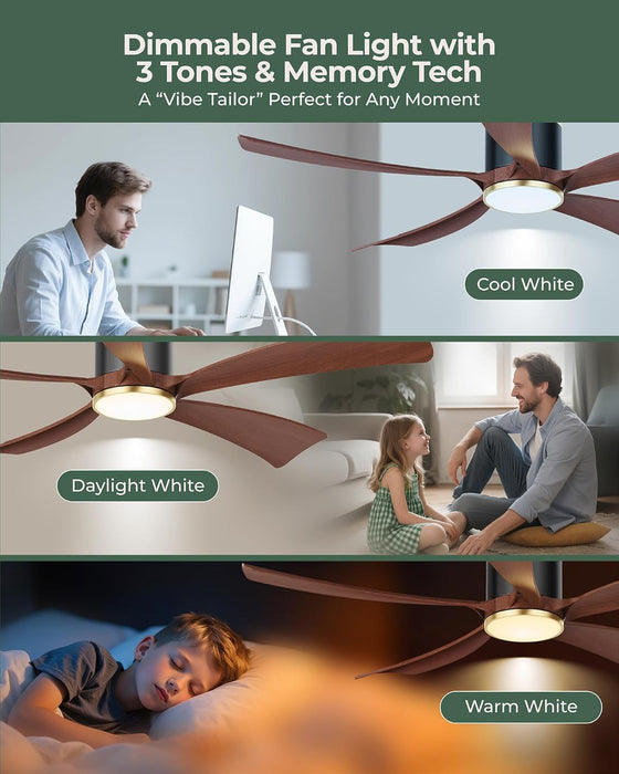 52" Premium Walnut Solid Wood Ceiling Fan with Light - Whisper-Quiet DC Motor, 6 Speeds, 3000K-6000K Dimmable LED, Remote Control with Timer, 2 Downrods for Indoor/Outdoor, A++ Energy Saving