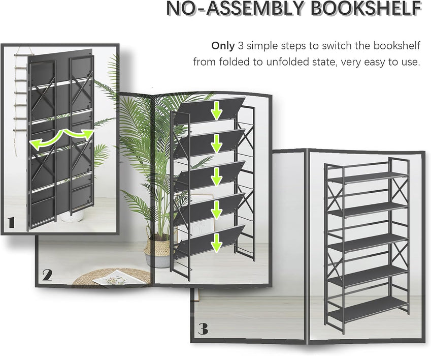 Extra Wide 5 Tiers No Assembly Book Shelves, 51.2" H Folding Bookshelf Bookcase Open Industrial Foldable Shelves for Bedroom, Living Room, Home Office - All Black