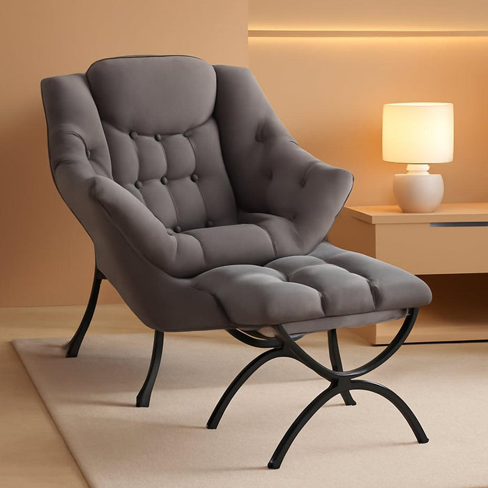 Lazy Chair with Ottoman, Modern Accent Chair Contemporary Lounge Leisure Sofa Chair with Armrests, Reading Chair and Folding Footstool Set for Living Room, Bedroom, Office, Dark Grey