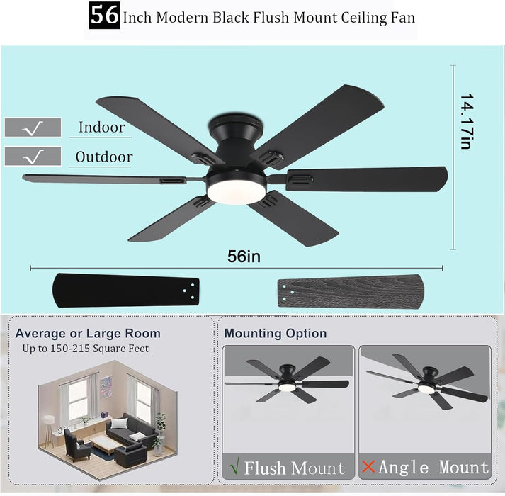 56 Inch Ceiling Fans with Lights, Black Flush Mount Ceiling Fan with Light and Remote/App Control, 3CCT, RGB, Dimmable, Noiseless, Low Profile Ceiling Fan for Bedroom, Patio, Indoor/Outdoor Use