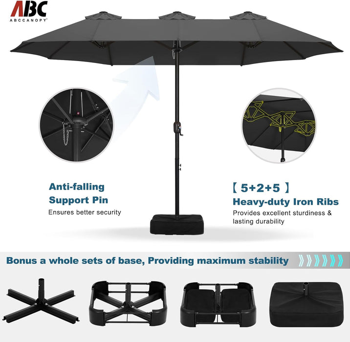 15FT Double-Sided Rectangle Patio Umbrella with Base, Dark Gray