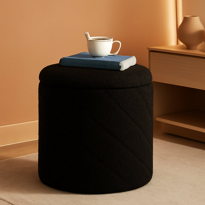 Ottoman with Stroage, Boucle round Storage Ottoman with Tray,Foot Rest Stool for Dorm Room, Living Room Black, 12.99"X12.99"X13.78"